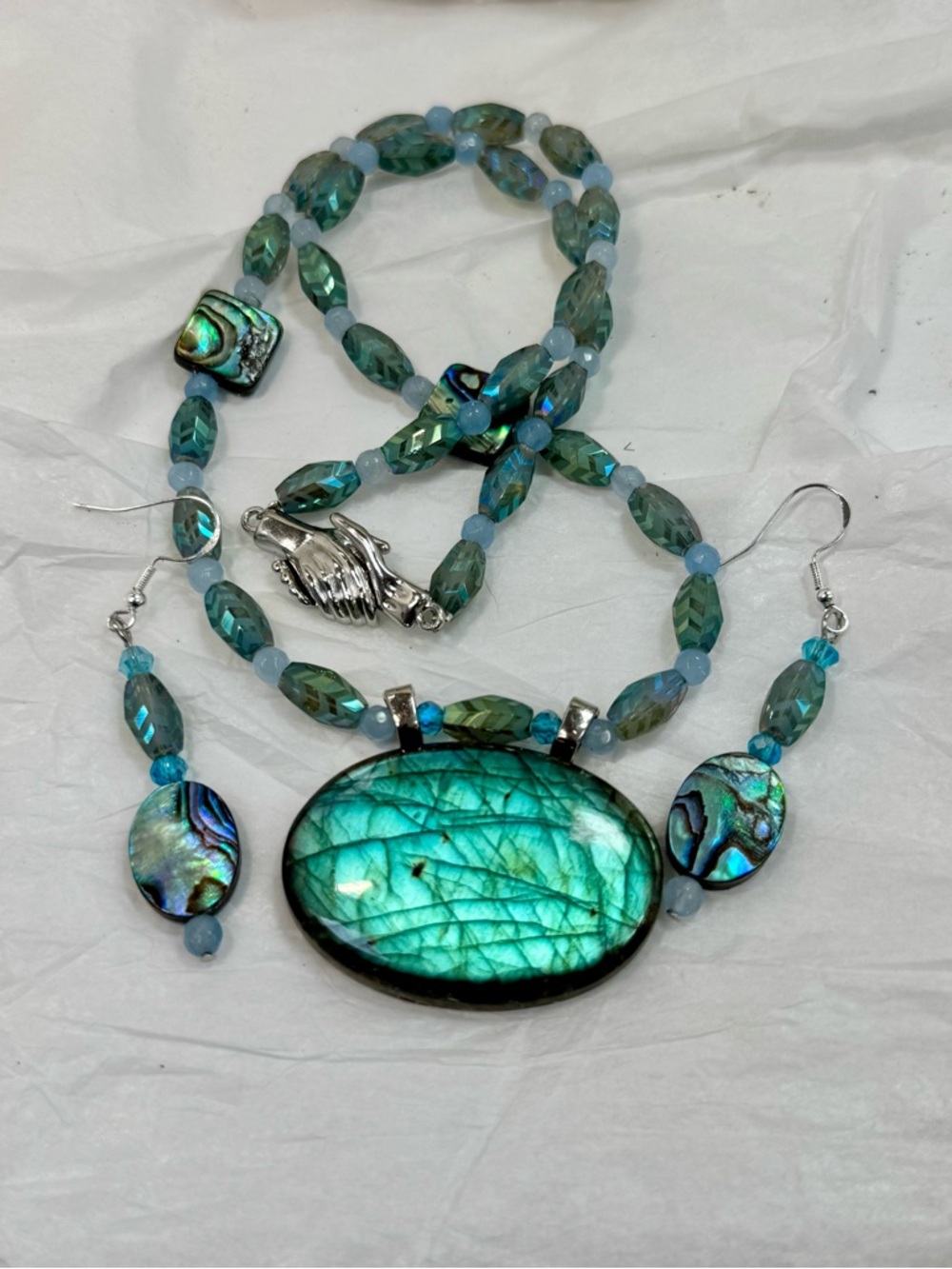 Handcrafted Turquoise Blue Labradorite & Abalone Necklace Set
